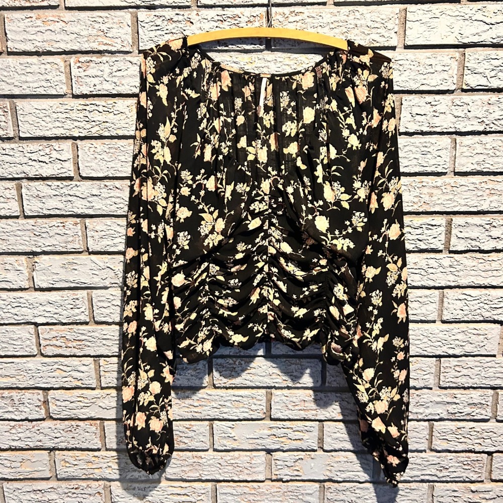 Free People Black Floral Ruched Smocked Long Sleeve Chiffon Top OB1304260